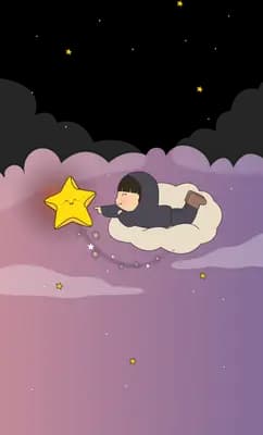 Small creature lying on a cloud holding a chained star lantern over a purple night panel