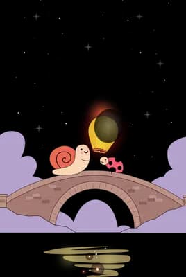 Snail and ladybug crossing a stone arch bridge at night under a glowing lantern
