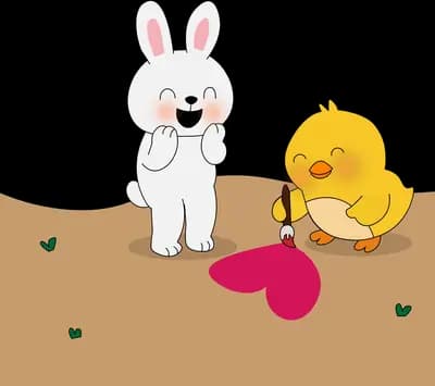 White rabbit and yellow chick on a brown ledge with a red heart between them