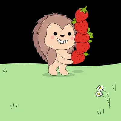 Hedgehog carrying a pile of strawberries on its back across a green field