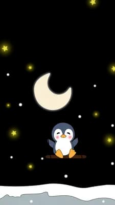 Penguin swinging on a crescent moon swing among floating glowing orbs