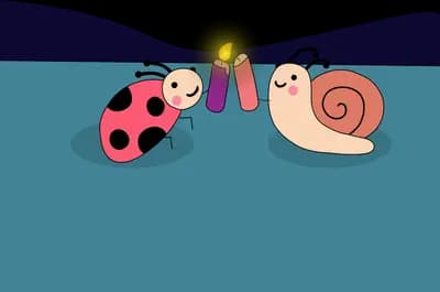Ladybug and snail meeting under a glowing streetlamp on a teal panel