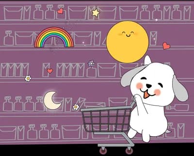White dog pushing a shopping trolley down a pink shop aisle stocked with a sun, moon and rainbow
