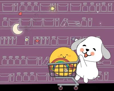 White dog beside a shopping trolley holding a full basket in a pink shop aisle