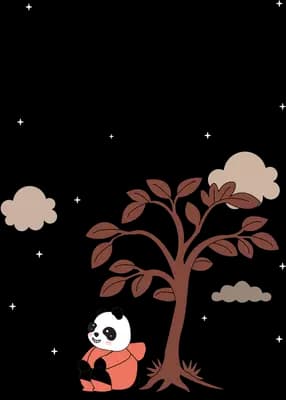 Panda sitting at the base of a bare tree with thought clouds drifting up