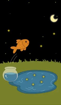 Goldfish leaping out of a small pond scattered with glowing orbs under a crescent moon
