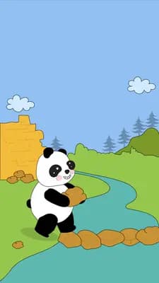 Panda crossing a stepping-stone path over a stream on a green field