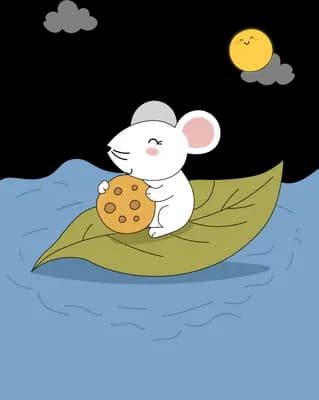 White mouse floating on a leaf boat with a cookie under the sun