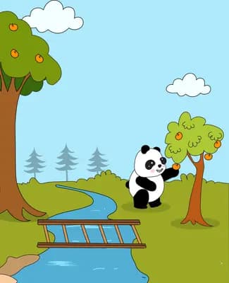 Panda crossing a small wooden bridge over a stream between trees