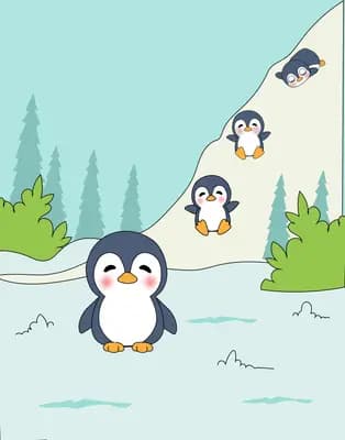 Penguins sliding down a snowy slope into the water