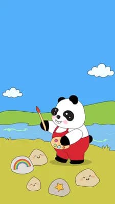 Panda fishing with a rod on a riverbank