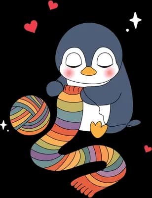 Penguin knitting a long striped scarf with a ball of yarn and hearts around
