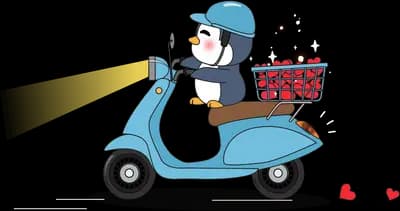 Penguin in a helmet riding a blue scooter with a delivery basket at night