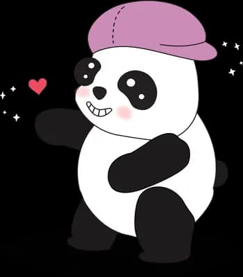 Panda in a purple cap waving with a heart beside it