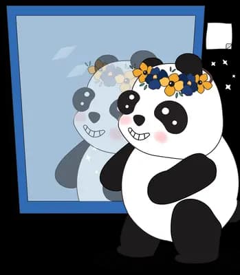 Panda wearing a flower crown looking at its reflection in a wall mirror
