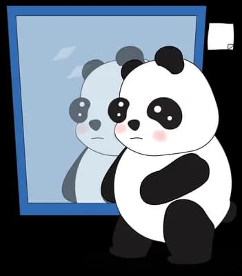 Panda standing in front of a wall mirror looking at its reflection