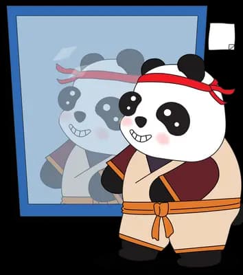 Panda in a martial arts uniform and red headband posing at a mirror