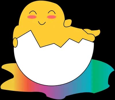 Yellow chick hatching out of a cracked eggshell on a rainbow puddle