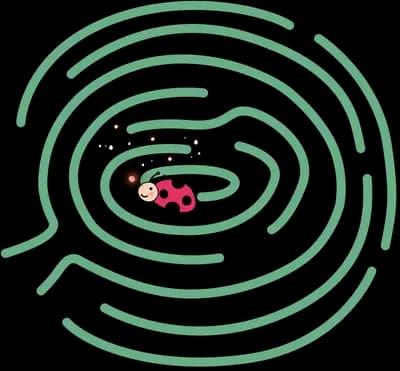 Ladybug crawling along the path of a green spiral maze