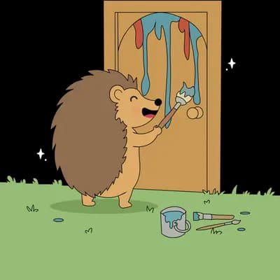 Hedgehog painting a wooden door with a paint bucket and brush on the grass