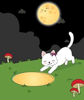White cat with a bow prowling on a green field of mushrooms under a moon