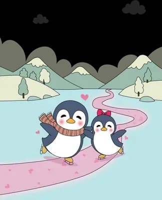 Two penguins walking along a pink path beside an icy lake and mountains