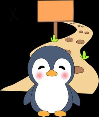 Penguin standing beside a winding sandy path with a signpost and a crossed out mark