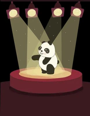 Panda standing alone on a red stage under four spotlights