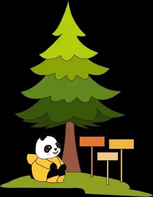 Panda with a backpack sitting under a pine tree beside two blank signposts