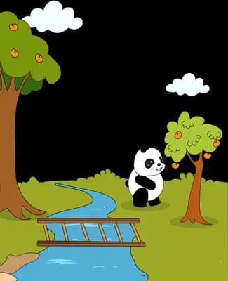 Pandas meeting across a wooden bridge built over the stream by the apple tree