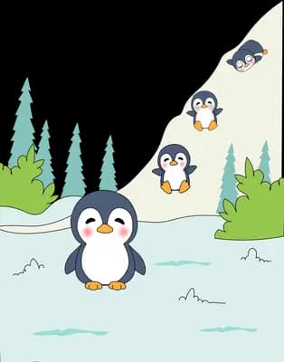 Penguins sliding down an icy slope onto the snow