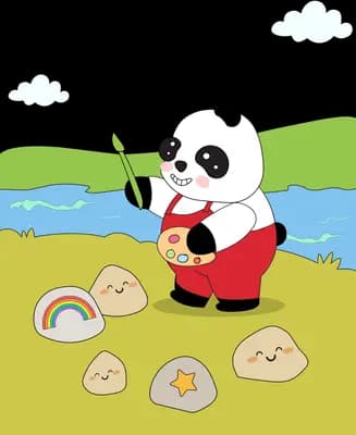 Panda in a red apron painting faces onto stones in a riverside meadow