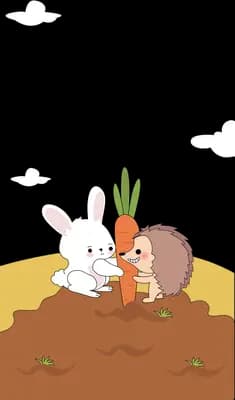Two mice tugging a large carrot out of a mound of soil