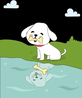 Dog with a bone on a green bank staring at a larger bone in its water reflection
