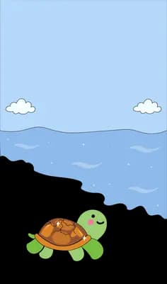 Small turtle at the shore of a wide blue sea