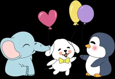 Elephant, white dog and penguin holding heart and round balloons together