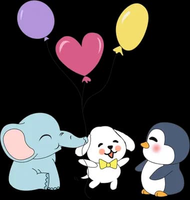 Elephant, white dog and penguin sitting under a bunch of balloons