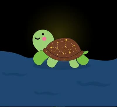 Turtle resting on a log in dark water before a large pale full moon