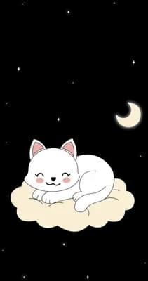 White cat curled asleep on a small cloud beside a crescent moon