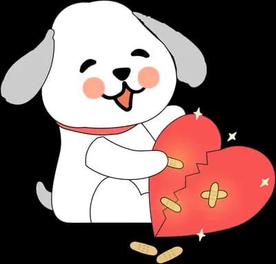 White dog hugging a red heart patched with sticking plasters