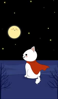 White cat in a red scarf sitting alone on a dark snowy field at night