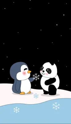 Penguin and panda greeting each other on an icy ledge
