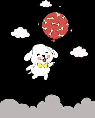 White dog floating upward holding a red balloon printed with bones