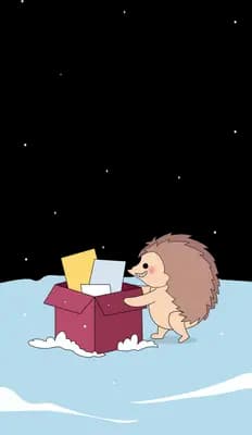 Hedgehog opening a small red gift box in the snow