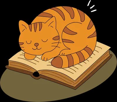 Orange tabby cat asleep on top of a large open book