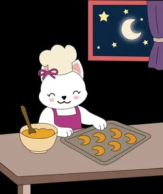 White rabbit in a chef hat laying out cookies on a baking tray by a night window