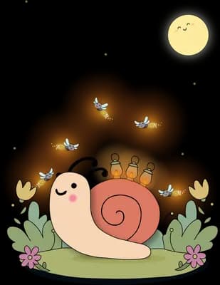 Snail yawning on a grassy patch among glowing flowers with fireflies and a small moon above