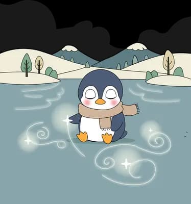 Penguin in a scarf standing on snow in front of a frozen lake and mountains
