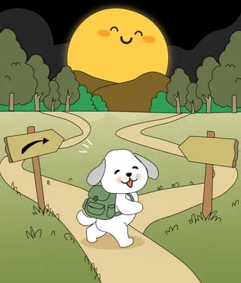 White dog with a backpack pausing at a fork in the path between two signposts under a smiling sun