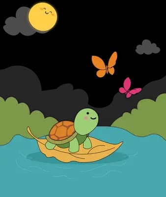Turtle sailing on a leaf boat across blue water with butterflies and a smiling cloud above